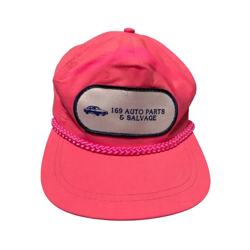 VTG 80s “169 Auto Parts & Salvage” Nylon Cap Neon Pink Hat Adjustable Strap back